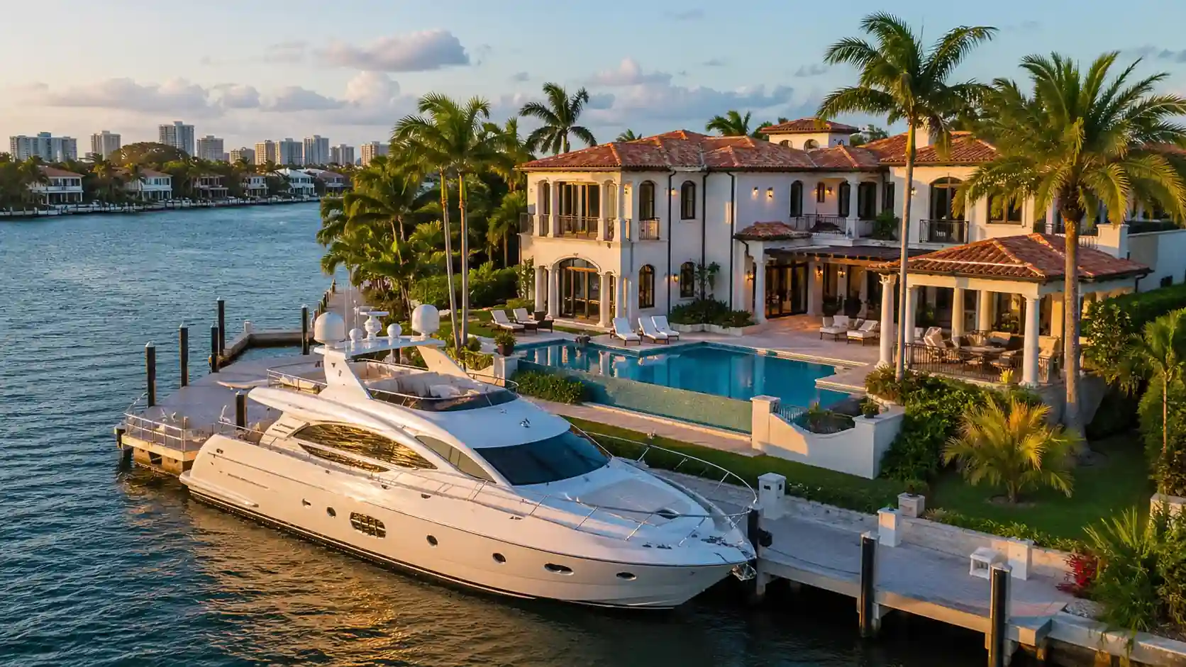 Luxury waterfront estate in South Florida with private yacht docked and infinity pool — waterfront homes for sale Miami