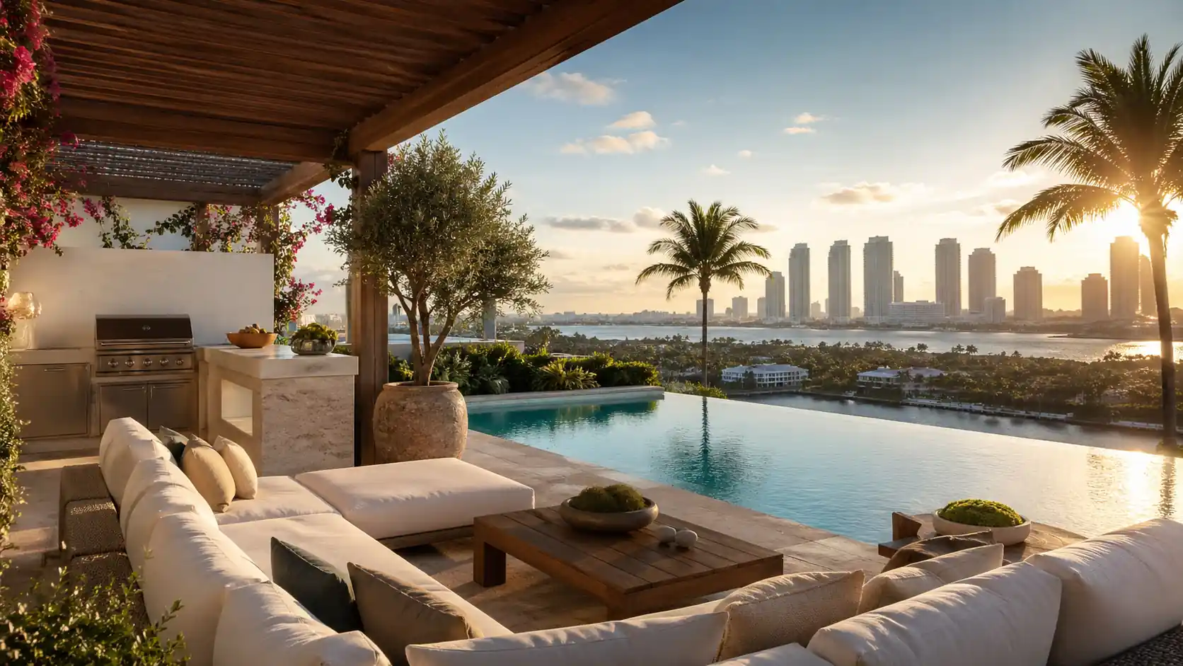Rooftop terrace with infinity pool overlooking Miami skyline at golden sunset — luxury real estate South Florida