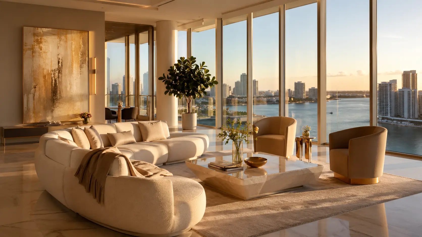 Luxury high-rise condo interior with floor-to-ceiling windows and bay views at golden hour — penthouse condos Miami