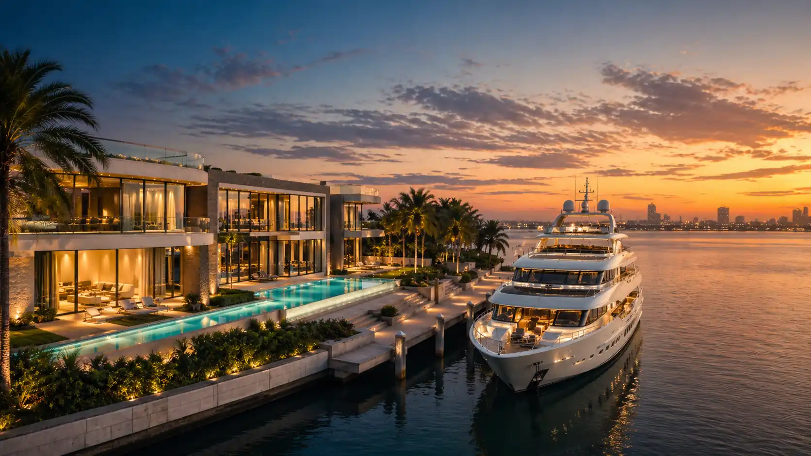 Modern waterfront mansion at dusk with illuminated infinity pool and superyacht docked — luxury homes for sale Miami